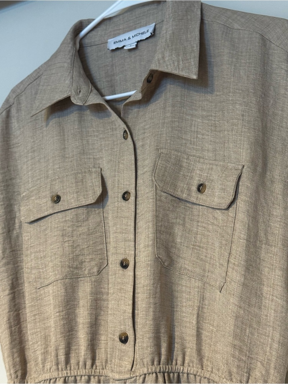 Emma & Michele Tan Utility Shirt Dress Tie Waist Tiered Midi Large - Picture 6 of 8